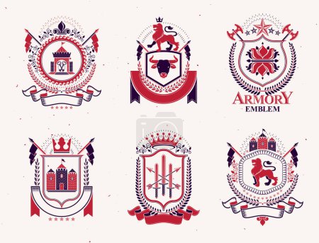 Illustration for Set of vector vintage emblems created with decorative elements like crowns, stars, crosses, armory and animals.  Collection of heraldic coat of arms. - Royalty Free Image
