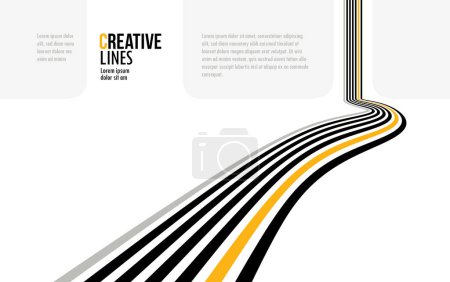 Téléchargez les illustrations : Composition linéaire vectorielle route vers l'horizon, fond abstrait avec lignes en perspective 3D, illusion optique op art, couleurs noir et jaune. - en licence libre de droit