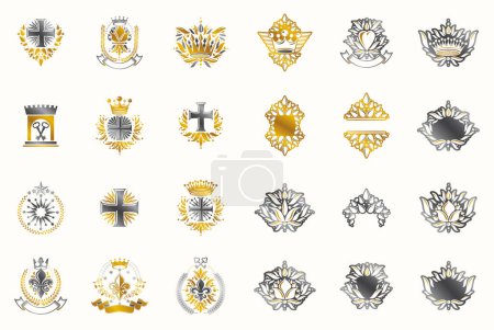 Illustration for Classic style emblems big set, ancient heraldic symbols awards and labels collection, classical heraldry design elements, family or business emblems. - Royalty Free Image
