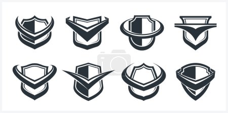 Ilustración de Conjunto de diferentes diseños de escudos para branding, colección de símbolos de protección de munición, tema antivirus o deportivo, seguro o garantía. - Imagen libre de derechos