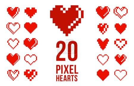 Illustration for 8bit pixel hearts vector logos or icons set, retro game from 90s 8 bit style heart symbols collection, graphic design stylish elements. - Royalty Free Image