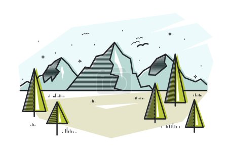 Ilustración de Cordillera y bosque de pinos vector lineal ilustración aislado en blanco, dibujo de arte de la línea de picos de montaña y bosques desierto tema de la lujuria errante, hermoso paisaje de la naturaleza. - Imagen libre de derechos