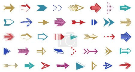 Illustration for Arrow symbols big set of different shapes styles and concepts, cursors for icons or logo creation, single color monochrome logotypes. - Royalty Free Image
