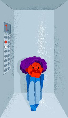Illustration for Claustrophobia fear of closed space and no escape vector illustration, boy is closed in elevator and scared in panic attack. - Royalty Free Image