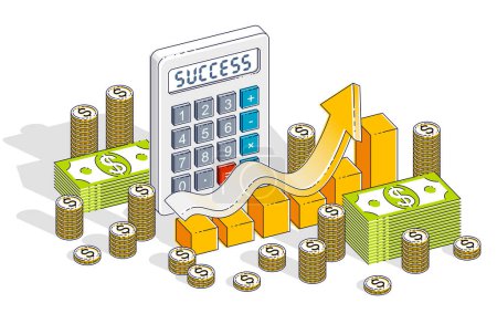Illustration for Business success and income growth concept, calculator, chart with arrow and cash money dollar stack and coins isolated on white background. Isometric 3d vector business and finance illustration. - Royalty Free Image