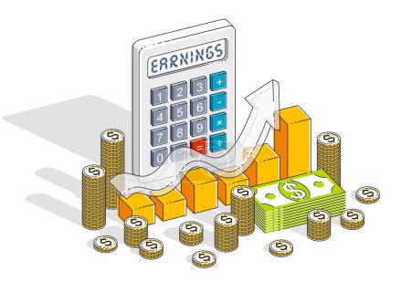 Téléchargez les illustrations : Business success and earnings growth concept, calculator, chart with arrow and cash money dollar stack and coins isolated on white background. Isometric 3d vector business and finance illustration. - en licence libre de droit