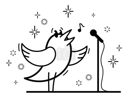Téléchargez les illustrations : Petit oiseau mignon debout et chantant chant d'oiseau comme une idole pop star sur une scène dessin animé drôle illustration vectorielle plat isolé sur blanc. - en licence libre de droit