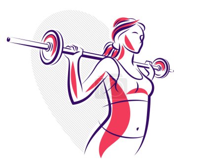 Illustration for Push the barbell gym and fitness vector illustration of a young attractive woman doing workout exercises with a barbell, perfect muscular athletic body young adult girl sport training. - Royalty Free Image