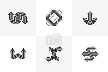 Illustration for Concept arrows vector logos set isolated, double arrows symbol pictograms collection, stripy icon of arrow. - Royalty Free Image