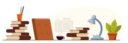 Illustration for Education or intellectual work concept work desk with books vector flat illustration isolated, study or job, freelance worker workspace, comfortable workplace. - Royalty Free Image