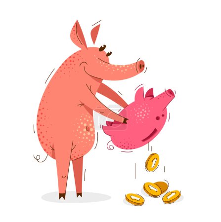 Téléchargez les illustrations : Drôle de cochon de dessin animé avec tirelire tire des pièces d'épargne illustration vectorielle, thème de financement de l'argent dessin humoristique de caractère de porc animal. - en licence libre de droit