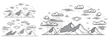 Téléchargez les illustrations : Ligne de montagnes illustration vectorielle linéaire isolé sur blanc, dessin d'art linéaire des sommets de montagne thème de la nature sauvage wanderlust, beau paysage naturel. - en licence libre de droit