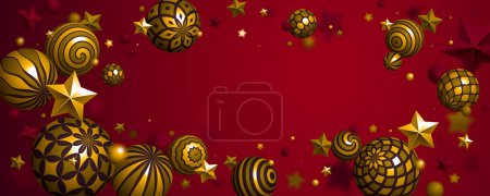Ilustración de Esferas de oro abstracto y estrellas vector de fondo, composición de bolas voladoras decoradas con patrones de oro brillante, globos realistas variedad mixta 3D con adornos, con espacio de copia en blanco. - Imagen libre de derechos