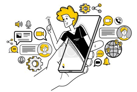 Téléchargez les illustrations : Video chat, young people are speaking remote about business and work, vector outline conference, online chatting team of workers, online conference webinar. - en licence libre de droit