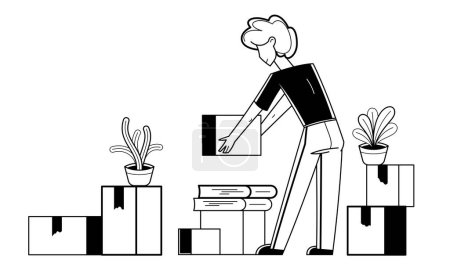 Ilustración de Moving to new apartment or business moving to new office, person carry and unpack boxes with stuff, beginning of new life, vector outline illustration. - Imagen libre de derechos