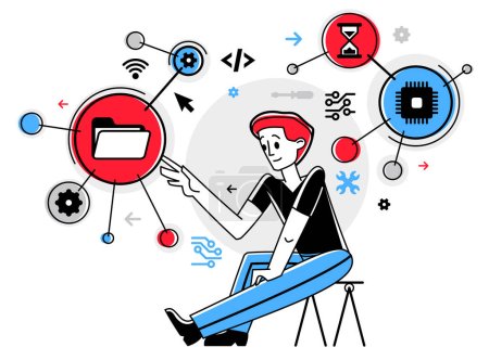 Illustration for Computer engineer in work vector outline illustration, programmer and system administrator doing his job with some operating system, - Royalty Free Image