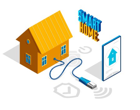 Illustration for Smart home IOT concept electronics modern house vector isometric illustration, smart security, app distant automated future technology. - Royalty Free Image
