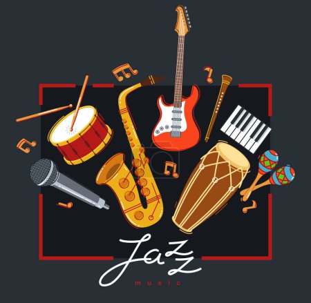 Illustration for Jazz music band poster different instruments vector flat illustration on dark, live sound festival or concert advertising flyer or banner, play different instruments orchestra. - Royalty Free Image