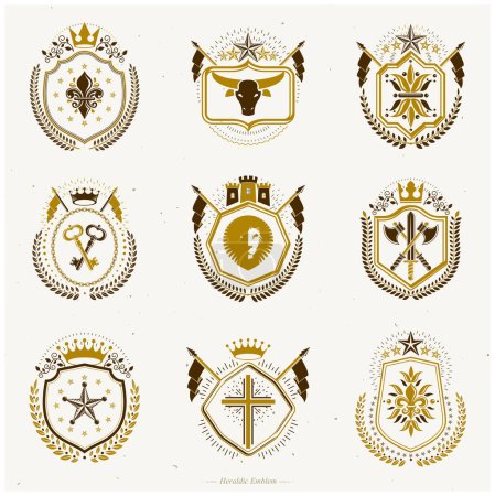 Illustration for Vector vintage heraldic Coat of Arms designed in award style. Medieval towers, armory, royal crowns, stars and other graphic design elements collection. - Royalty Free Image