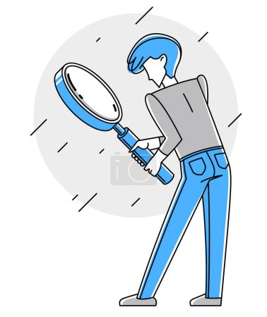 Illustration for Young person with magnifying glass outline vector illustration, making some inquiry and collecting data for analysis, exploration and research for business or science. - Royalty Free Image
