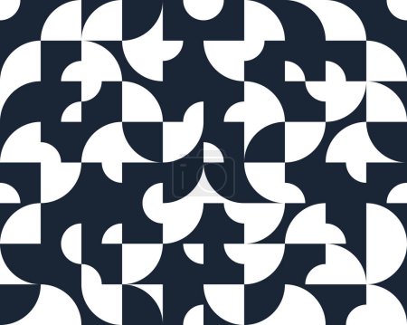 Ilustración de Patrón geométrico abstracto sin costura con elementos simples en blanco y negro de geometría, fondo de pantalla en estilo retro de los años 70, baldosas Bauhaus estilo constructivo. - Imagen libre de derechos