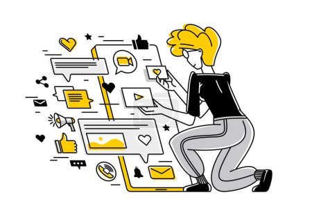 Téléchargez les illustrations : Work in social media, influencer messaging and comment some posts vector outline illustration, support service, work with customers and audience. - en licence libre de droit