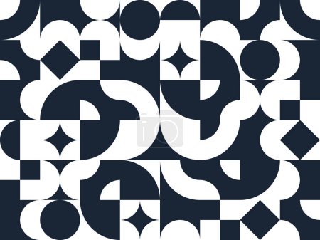 Téléchargez les illustrations : Motif abstrait géométrique sans couture avec des éléments simples de géométrie noir et blanc, fond d'écran dans le style rétro des années 70, carreaux de style constructif Bauhaus. - en licence libre de droit