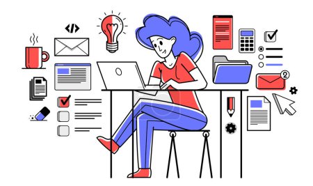 Illustration for Intellectual worker woman making analysis of some data on pc or web, data systematization, collecting and analyzing information, vector outline illustration. - Royalty Free Image