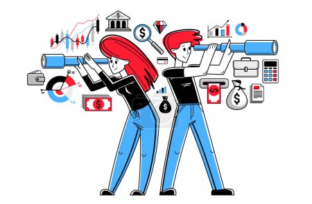 Ilustración de Business team collecting data for analysis and searching for opportunities looking in spyglass telescope vector outline illustration, entrepreneurs analyzes financial chats - Imagen libre de derechos
