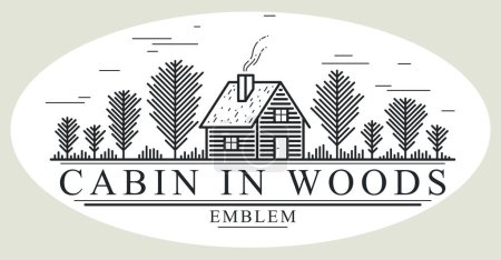 Illustration for Cabin in woods pine forest linear vector nature emblem isolated on white, log cabin cottage for rest, holidays and vacations theme line art logo, beauty in nature, woodhouse resort. - Royalty Free Image
