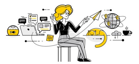 Illustration for Freelance work on internet, young person freelancer doing some online job and messaging and chatting, self-employed creative worker. - Royalty Free Image