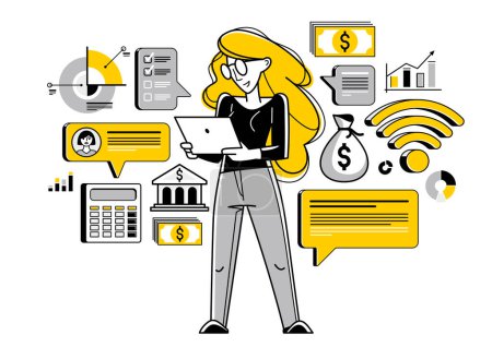 Illustration for Business woman analyzing and organizing financial deals online vector outline illustration, entrepreneur company leader working on commercial project on internet. - Royalty Free Image