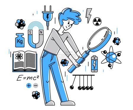 Illustration for Physicist working on some theoretical physics or making an experiment vector outline illustration, or student studying physics in university, education teacher. - Royalty Free Image