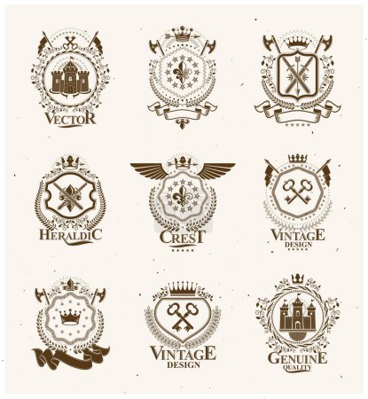 Illustration for Heraldic signs, elements, heraldry emblems, insignias, signs, vectors. Classy high quality symbolic illustrations collection, vector set. - Royalty Free Image