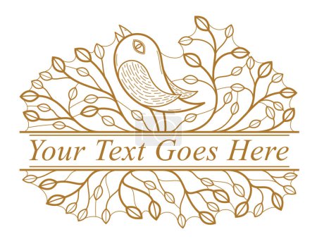 Illustration for Bird on a branch floral vector design with leaves isolated over white, classical elegant fashion style banner or text divider for design, luxury vintage linear emblem or frame element. - Royalty Free Image