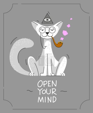 Illustration for Funny cartoon cat sitting and smoking pipe with humorous quote hand drawn typeface vector illustration or poster. - Royalty Free Image