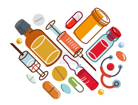 Illustration for Pharmacy drugs apothecary bottles and pills and ampules, big composition set of medicaments vector flat illustration isolated, health care and healing medical theme design. - Royalty Free Image
