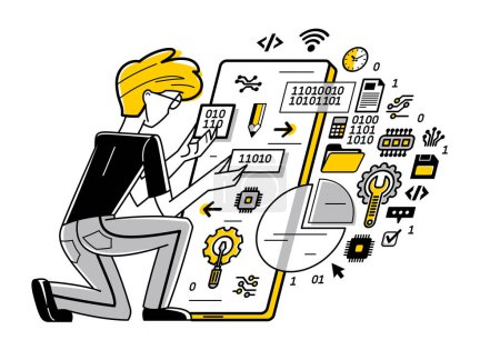 Illustration for Programmer is coding and repairing some applications on phone, vector outline illustration, programming engineer working with app, sysadmin and coder. - Royalty Free Image