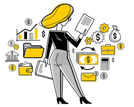 Illustration for Business person analyzing and organizing financial deals vector outline illustration, woman entrepreneur company leader working on some commercial project. - Royalty Free Image