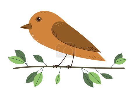 Illustration for Small cute bird on a branch surrounded by leaves vector flat style illustration isolated on white background, beauty of nature concept. - Royalty Free Image