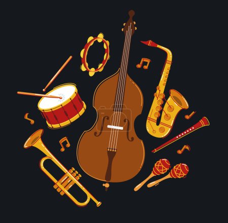Illustration for Jazz music band concept different instruments vector flat illustration on dark background, live sound festival or concert, musician different instruments set. - Royalty Free Image