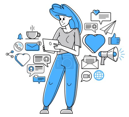 Ilustración de Work in social media, influencer messaging and comment some posts vector outline illustration, support service, work with customers and audience. - Imagen libre de derechos