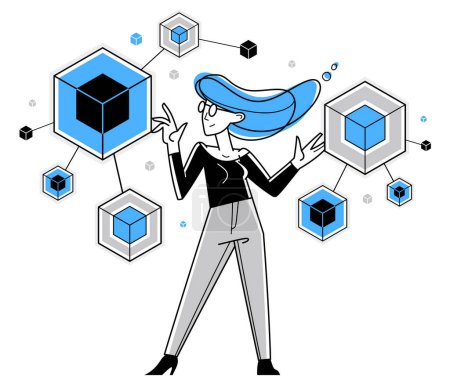 Illustration for Creative worker woman doing some job and creating some system, inspired inventive designer or engineer composing abstract elements, vector outline illustration. - Royalty Free Image