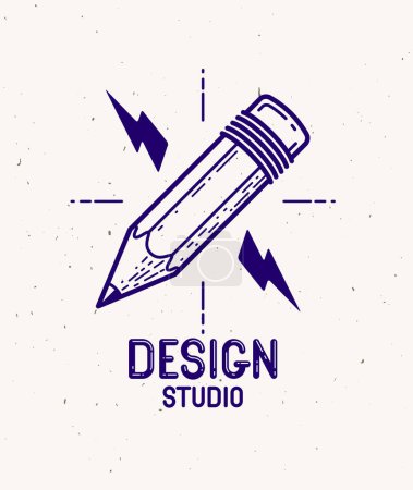 Illustration for Pencil with lightning bolt vector simple trendy logo or icon for designer or studio, creative energy, bright design, linear style. - Royalty Free Image