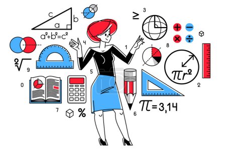 Téléchargez les illustrations : Mathematician working on some theoretical mathematics vector outline illustration, studying math in university, student learning or teacher explaining. - en licence libre de droit