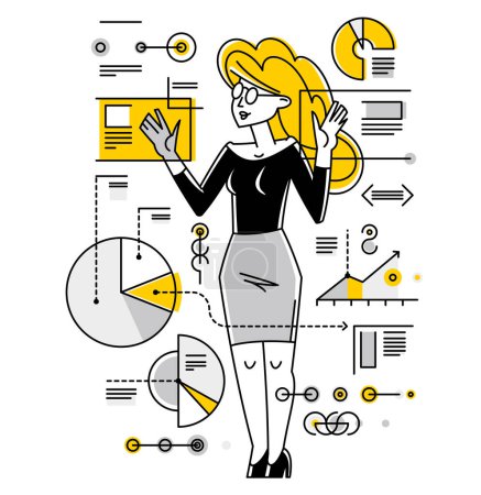 Téléchargez les illustrations : Data systematization, collecting and analyzing information, woman intellectual worker making analysis of some data on pc or web, vector outline illustration. - en licence libre de droit