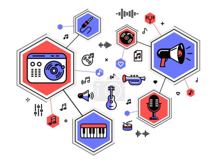 Illustration for Music producing composing new track vector outline illustration, sound engineering in recording studio, composing creating audio mix. - Royalty Free Image