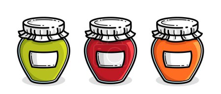 Illustration for Jar of jam in 3 colors isolated on white vector illustration in cartoon style, delicious and healthy natural food homemade marmalade. - Royalty Free Image