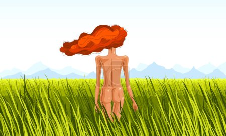 Illustration for Slim young girl from back stands in a grass field vector illustration, grassland meadow tranquil scene relax and rest concept, get rid of all the problems. - Royalty Free Image