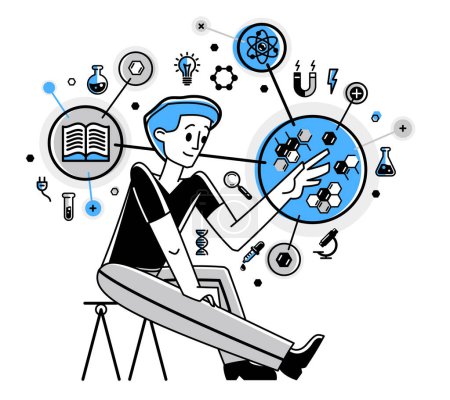 Illustration for Scientist discovering science theory and making experiments vector outline illustration, science research or invention, physics and chemistry. - Royalty Free Image
